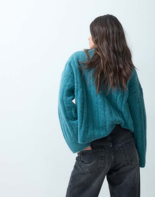 ASOS DESIGN relaxed rib crew neck knitted jumper in teal, 4 of 4