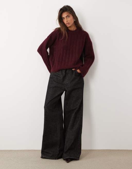 ASOS DESIGN relaxed rib crew neck knitted sweater in burgundy, 2 of 4