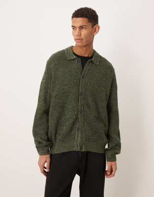 Asos Design Relaxed Rib Knit Button Down Cardigan In Green