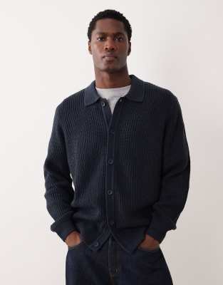 Asos Design Relaxed Rib Knit Button Up Cardigan In Blue