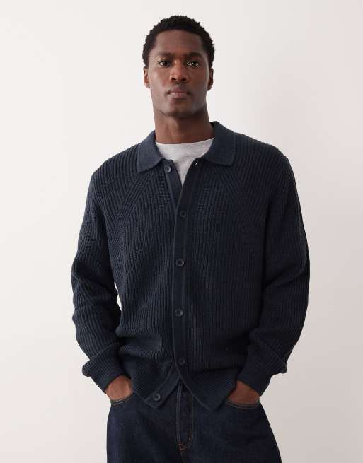 ASOS DESIGN relaxed rib knit button up cardigan in heathered navy