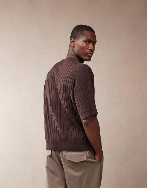 ASOS DESIGN relaxed rib knit t-shirt in brown, 3 of 4
