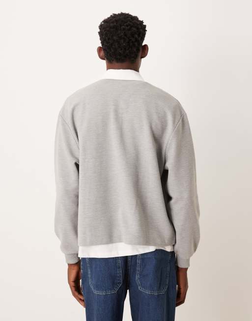 ASOS DESIGN relaxed rib polo jumper with woven label in grey marl, 3 of 5