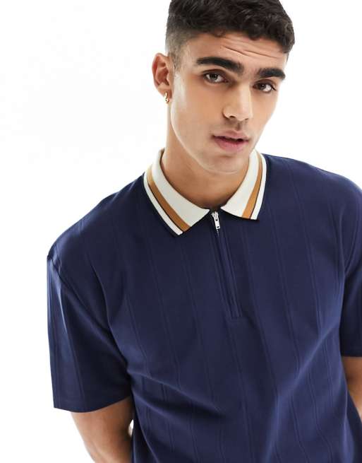 ASOS DESIGN relaxed  rib polo with contrast tipping in navy 