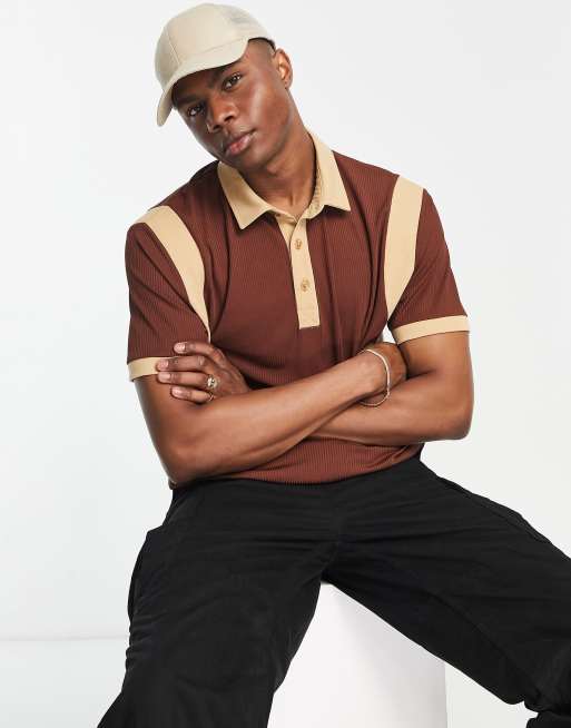 ASOS DESIGN relaxed rib polo with panneling in brown