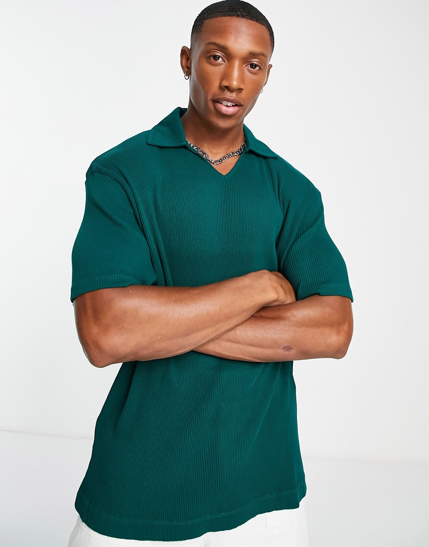 ASOS DESIGN relaxed rib polo with revere collar with piping detail in green