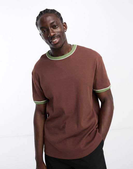 ASOS Design Relaxed Rib T-Shirt in Brown with Green Ringer