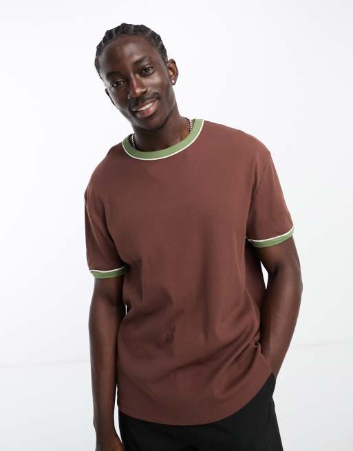 ASOS DESIGN relaxed rib T-shirt in brown with green ringer