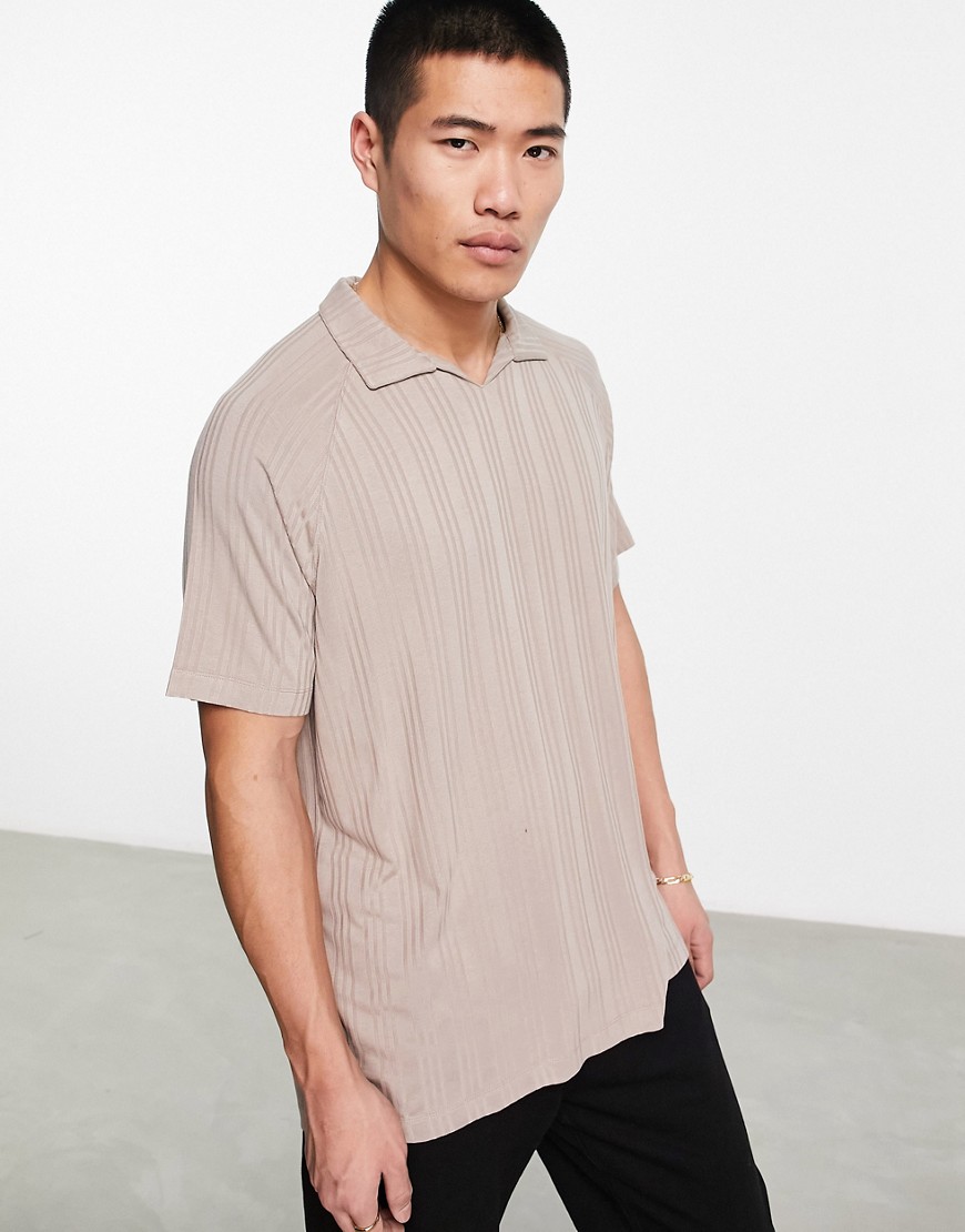 ASOS DESIGN relaxed ribbed polo with revere in light brown