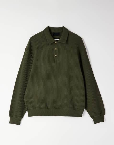 ASOS DESIGN relaxed ribbed sweatshirt with polo neck in green - view 1