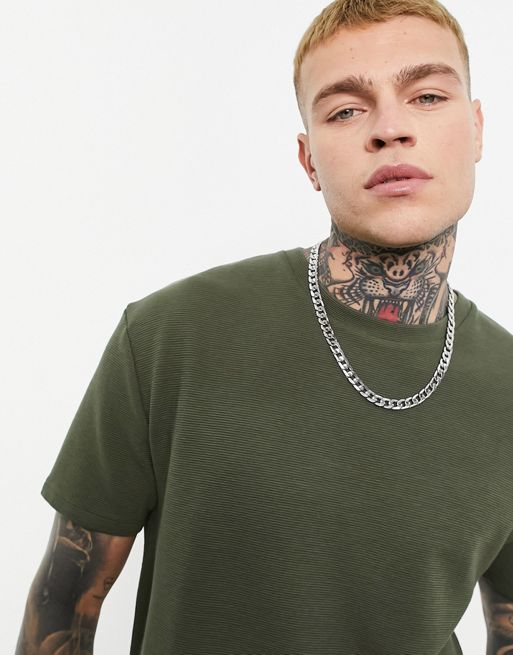 ASOS Design Relaxed Rib T-Shirt in Brown with Green Ringer