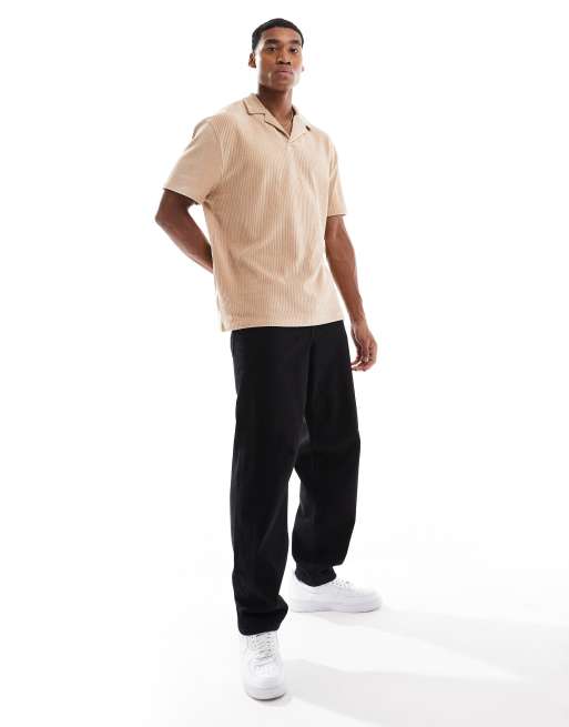 ASOS DESIGN relaxed ribbed velour polo shirt with camp collar in hummus, 2 of 4