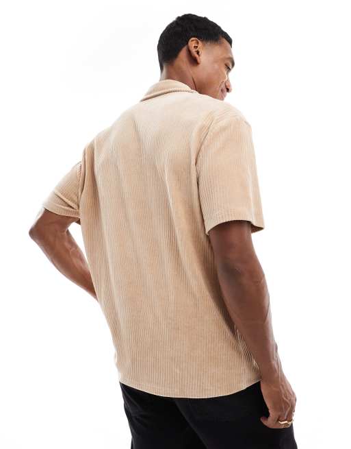 ASOS DESIGN relaxed ribbed velour polo shirt with camp collar in hummus, 3 of 4