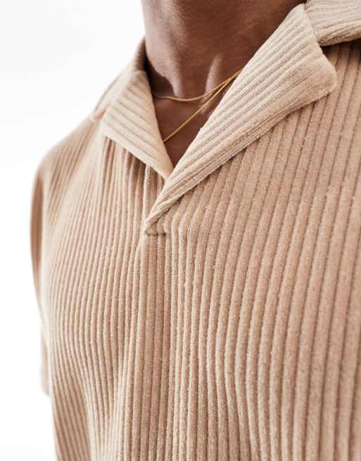 ASOS DESIGN relaxed ribbed velour polo shirt with camp collar in hummus, 4 of 4