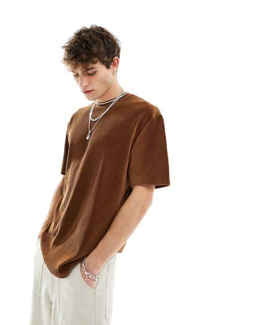 ASOS DESIGN relaxed ribbed velour T-shirt in brown with ringer