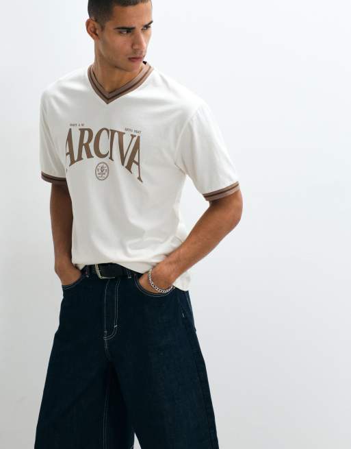 ASOS DESIGN relaxed ringer t-shirt with arciva graphic in cream, 5 of 5