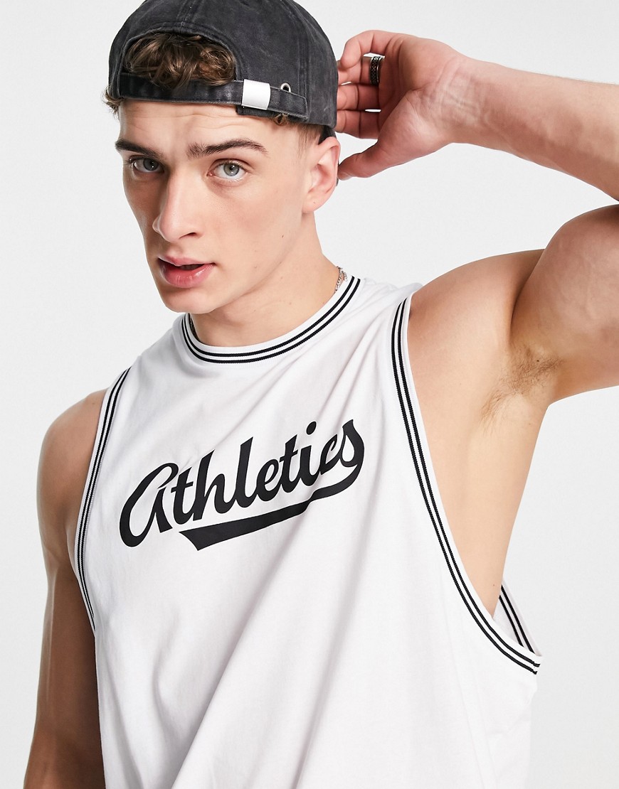 ASOS DESIGN relaxed ringer tank top in white with sports club collegiate print