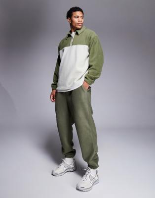 ASOS DESIGN ASOS DESIGN relaxed rugby polo fleece sweatshirt in green and grey - MGREEN