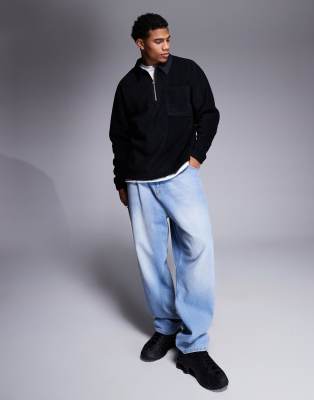ASOS DESIGN ASOS DESIGN relaxed rugby polo fleece sweatshirt with quarter zip in black - BLACK