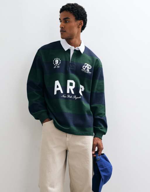ASOS DESIGN relaxed rugbypoloshirt met streep en print in donkergroen, 2 van 5