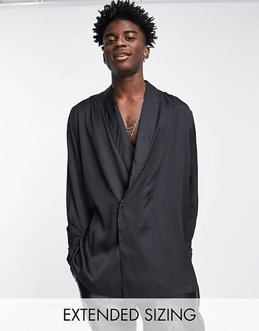 Shirts relaxed satin double breasted shirt with shawl neck in black 