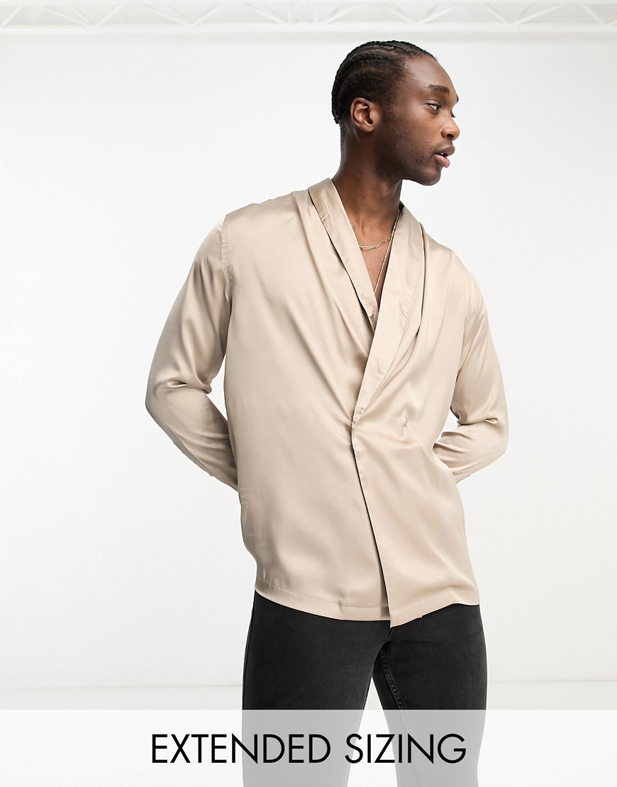 ASOS DESIGN relaxed satin double breasted shirt with shawl neck in-Pink