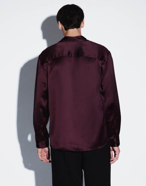 ASOS DESIGN relaxed satin drapey shirt in burgundy, 4 of 5
