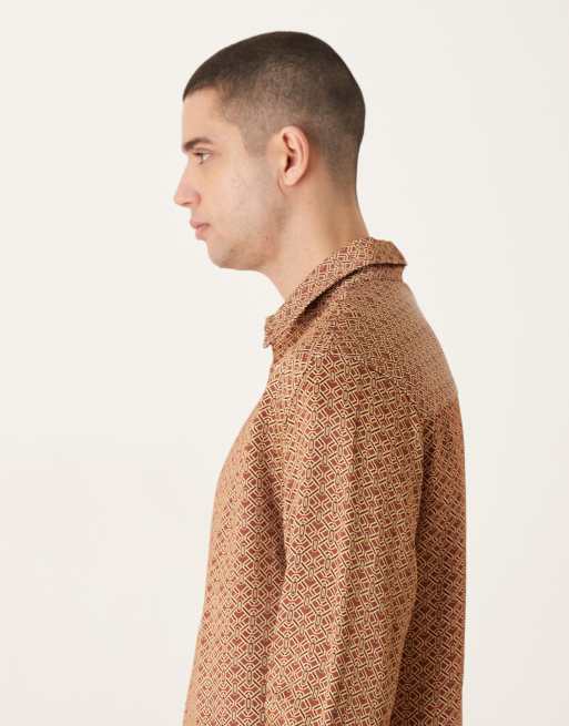 ASOS DESIGN relaxed satin geo print shirt in brown, 4 of 5