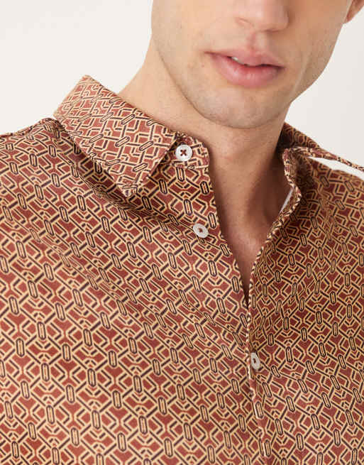 ASOS DESIGN relaxed satin geo print shirt in brown, 5 of 5