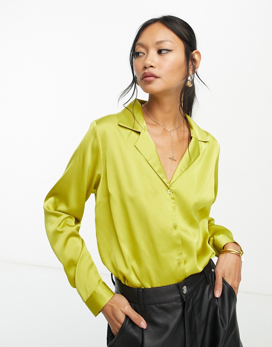 ASOS DESIGN relaxed satin long sleeve shirt body in chartreuse-Green
