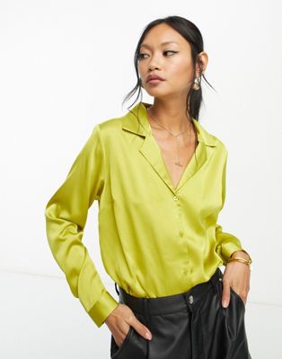 ASOS DESIGN relaxed satin long sleeve shirt bodysuit in chartreuse
