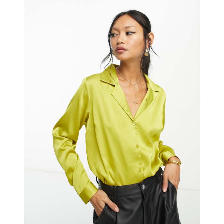 ASOS DESIGN relaxed satin long sleeve shirt bodysuit in chartreuse