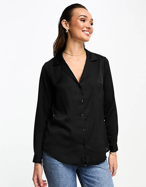  Shirts & Blouses/relaxed satin long sleeve shirt in black 