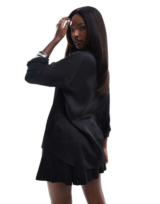 long sleeve black satin blouse