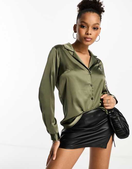 ASOS DESIGN relaxed satin long sleeve shirt in khaki | ASOS