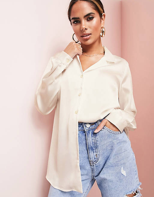 ASOS Design relaxed satin long sleeve shirt in oyster