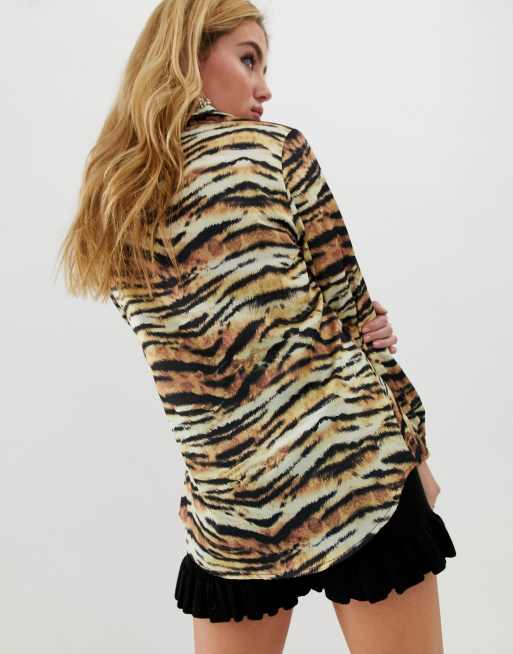 Long Sleeve Satin Tiger Print Shirt