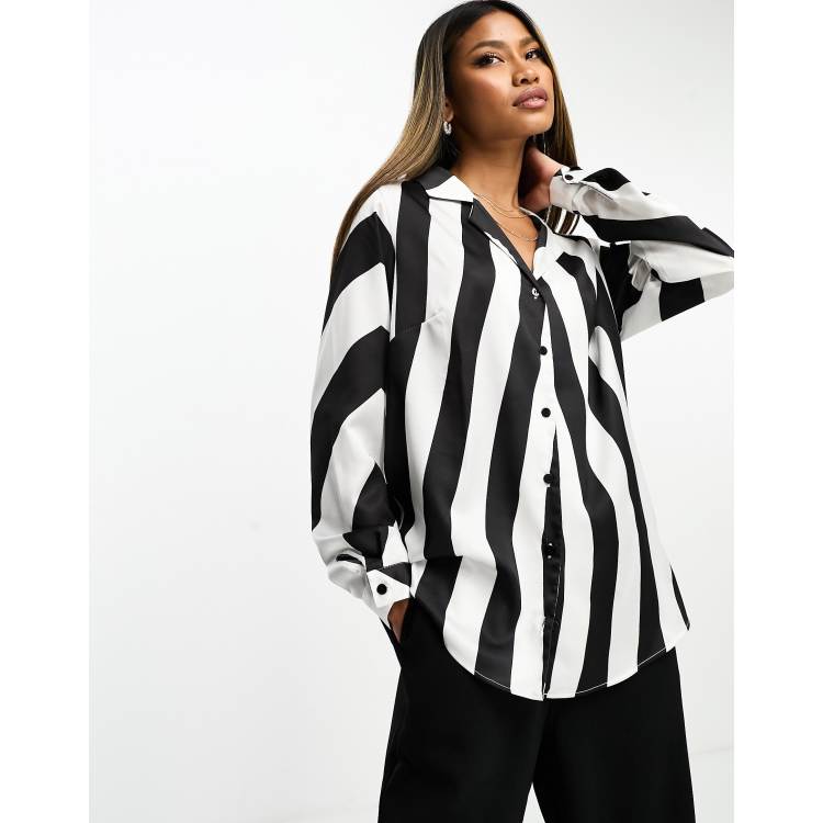 VolcanmtShops DESIGN relaxed satin long sleeve shirt in wide mono stripe, VolcanmtShops