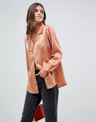 asos design relaxed satin long sleeve shirt