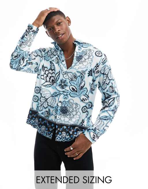 FLORAL PRINT SATIN SHIRT - Blue / White