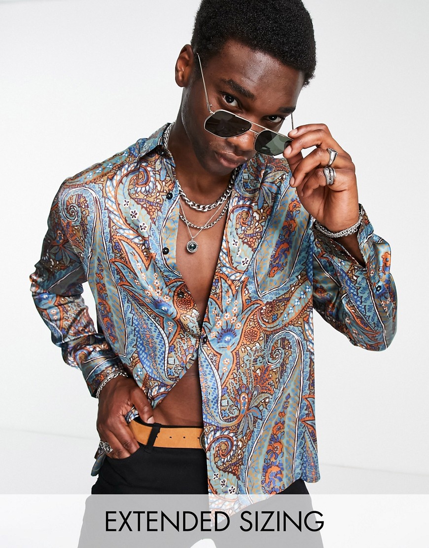 ASOS DESIGN relaxed satin shirt in brown and blue paisley print-Multi