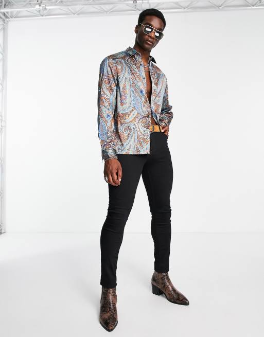 ASOS DESIGN relaxed satin shirt in brown and blue paisley print | ASOS