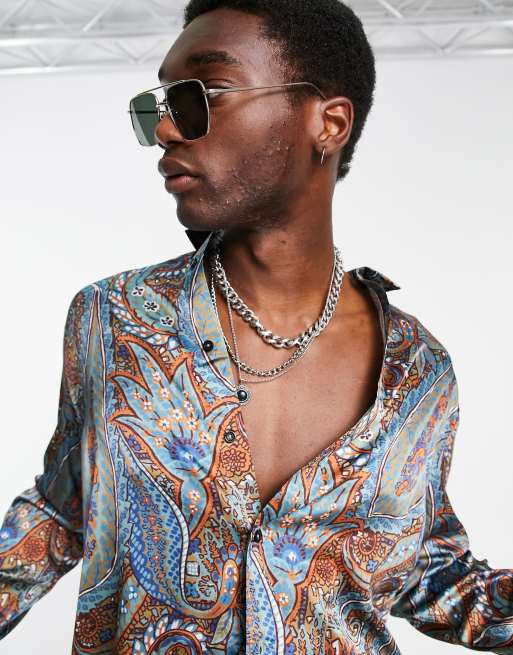 ASOS DESIGN relaxed satin shirt in brown and blue paisley print | ASOS