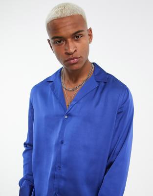 royal blue satin button up shirt