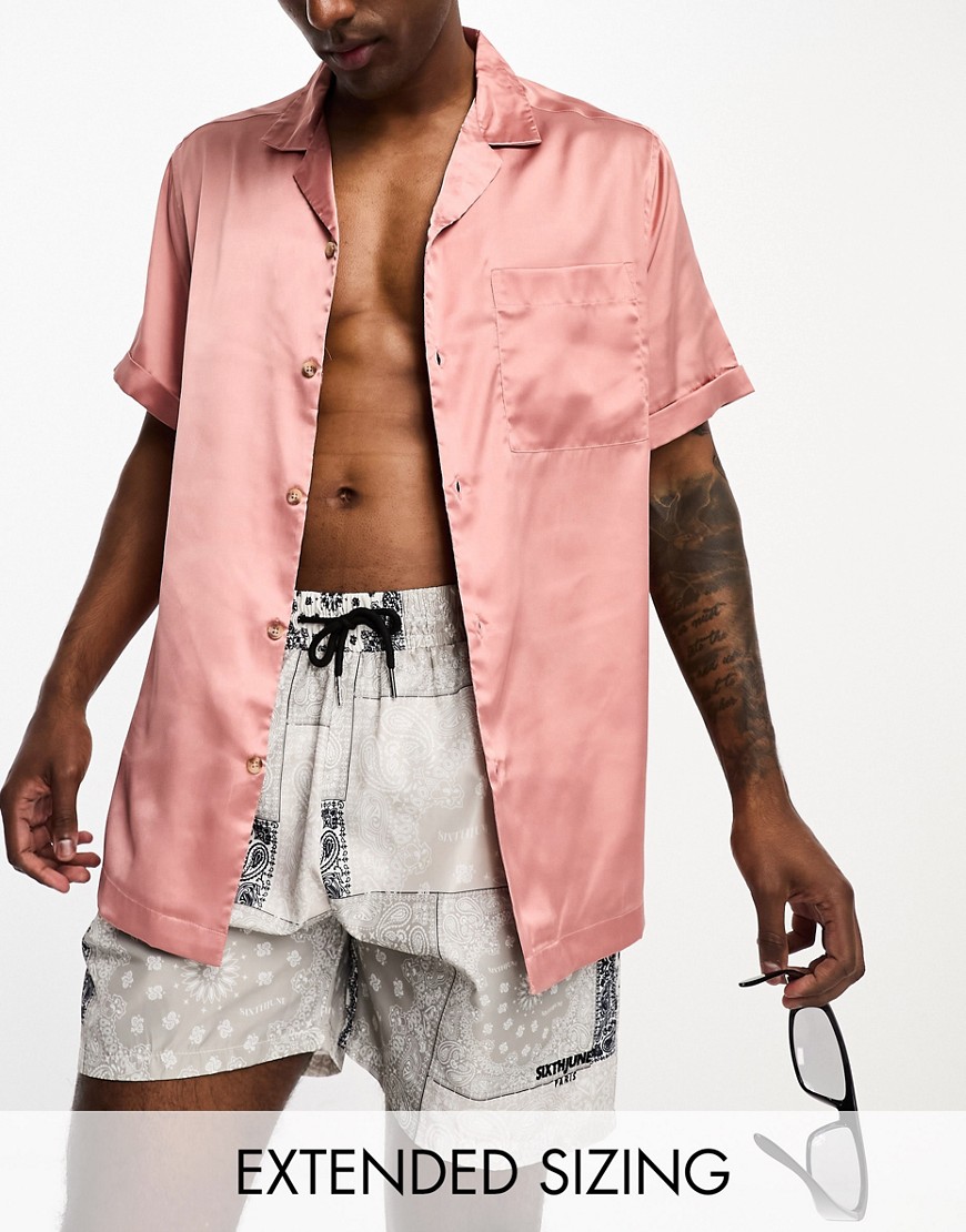 ASOS DESIGN relaxed satin shirt in dusty pink with roll sleeves