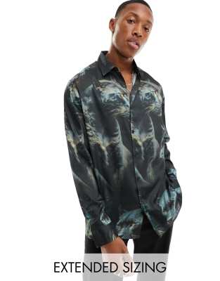 Asos Design Relaxed Satin Shirt In Panther Animal Print-black