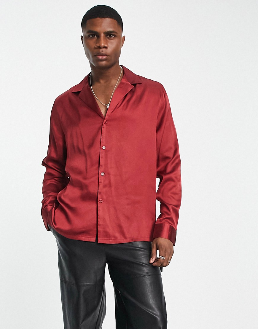 Asos Design Relaxed Satin Shirt In Red