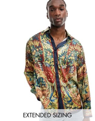 ASOS DESIGN relaxed satin shirt in tapestry print-Neutral