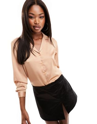 ASOS DESIGN relaxed satin shirt in toffee