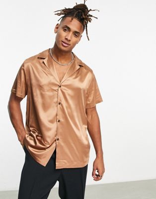 Asos Design Relaxed Satin Shirt With Deep Camp Collar In Light Brown